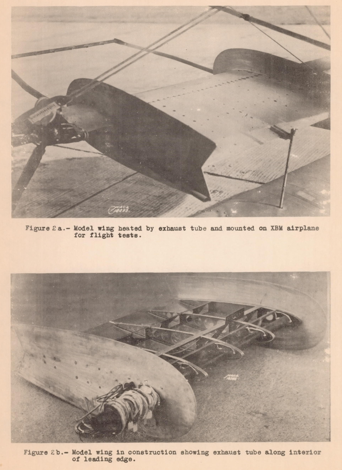 Figure 2 a. Model wing heated by exhaust tube and mounted on XBM airplanefor flight tests. Figure 2 b. Model wing in construct1on showing exhaust tube along interior of lead1ng edge.